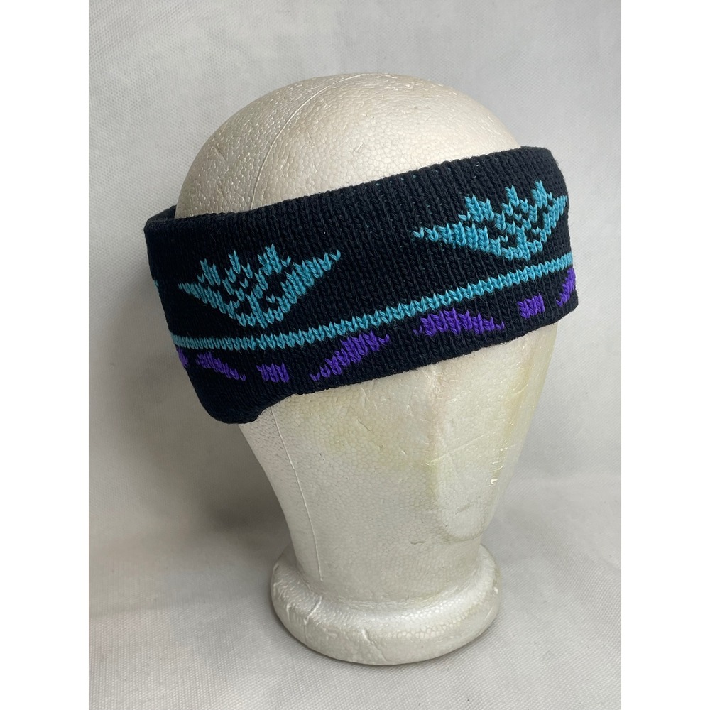 Vintage Lands End 100% Wool Knit Headband OSFA Black Winter Ski Ear Cover Cap